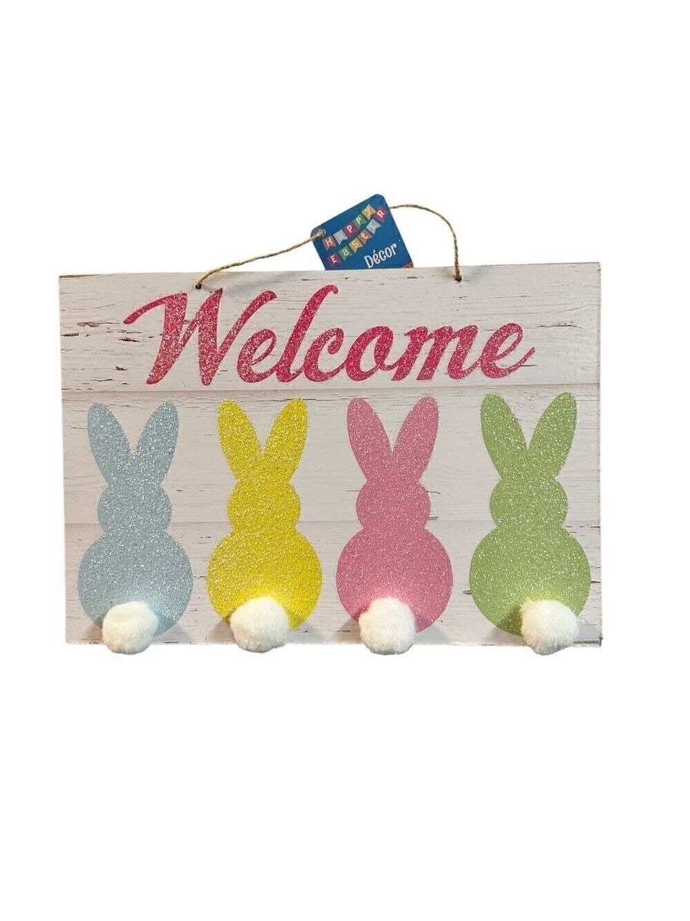 Easter Bunny Welcome Sign 14x8 in Glitter Pastel Spring Door Wall Decor Rabbit